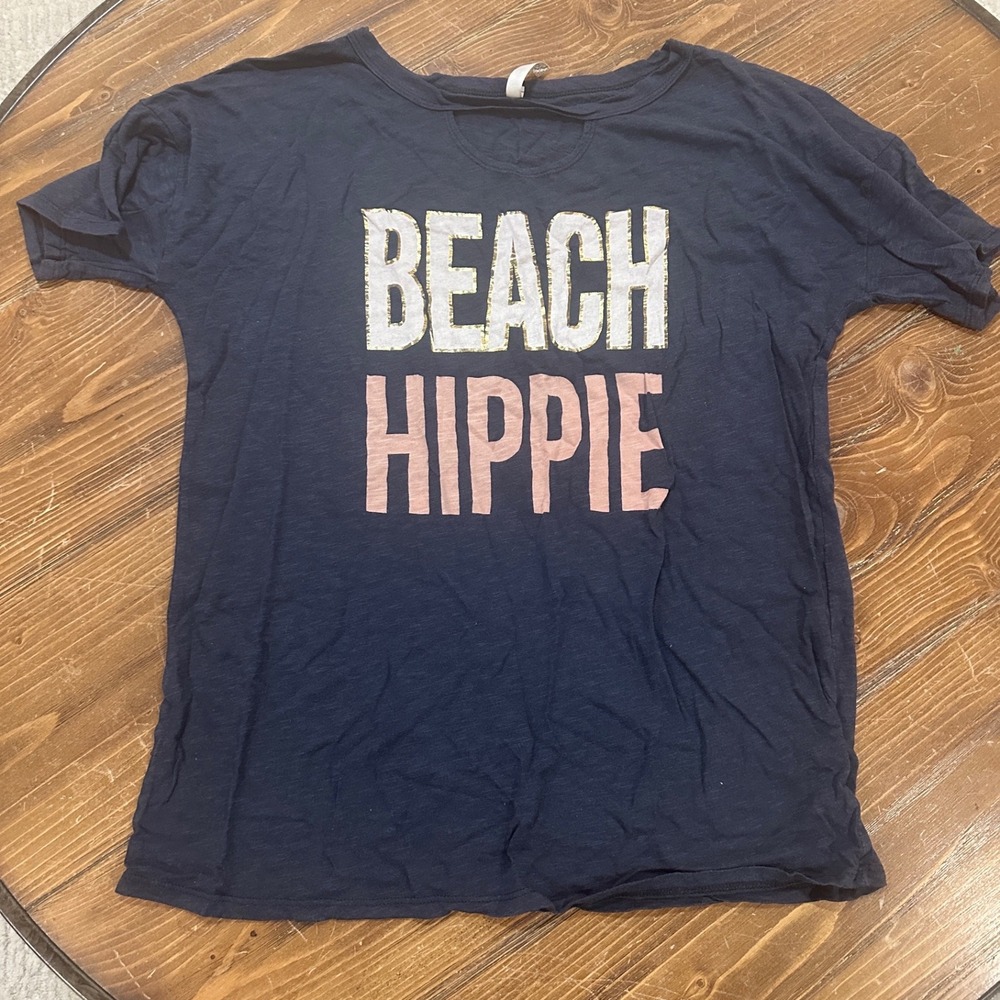 Promesa USA Womens Beach Hippie Graphic Tee Navy Blue Pink Gold Cutout Neck L